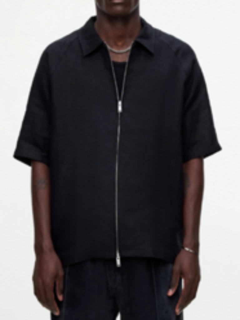 Oas Black Short Sleeve Zip-Up Linen Polo Shirt In Medium
